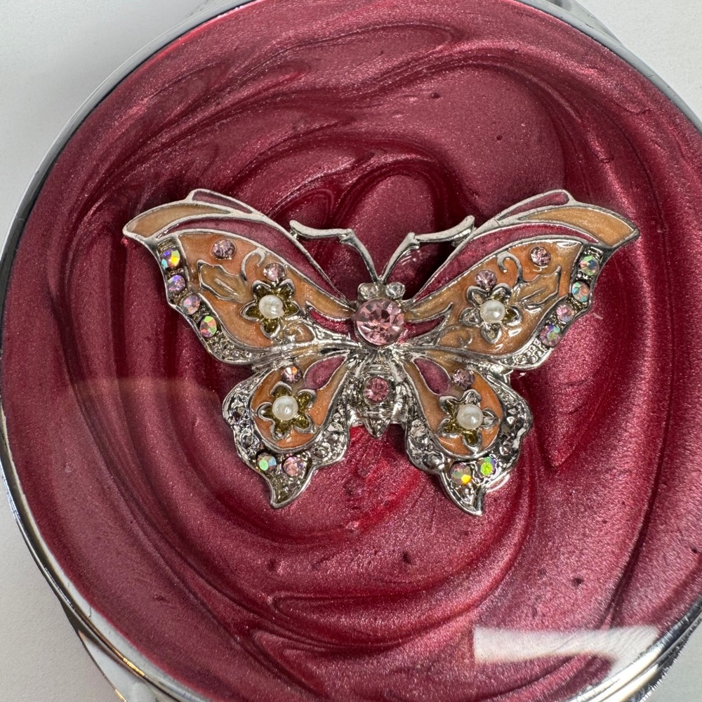 NWT Neiman Marcus Fairycore Jeweled Butterfly Compact Mirror Red Silver Tone - Picture 3 of 8